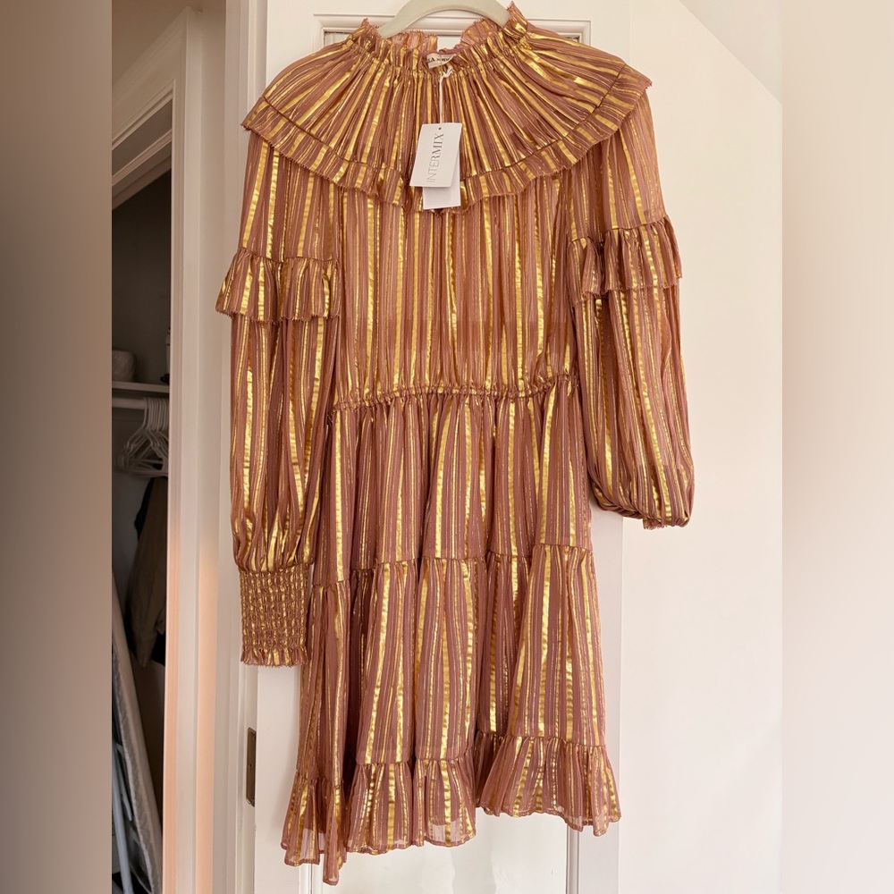 Ulla Johnson Blush Pink Dress with Gold Metallic Stripes